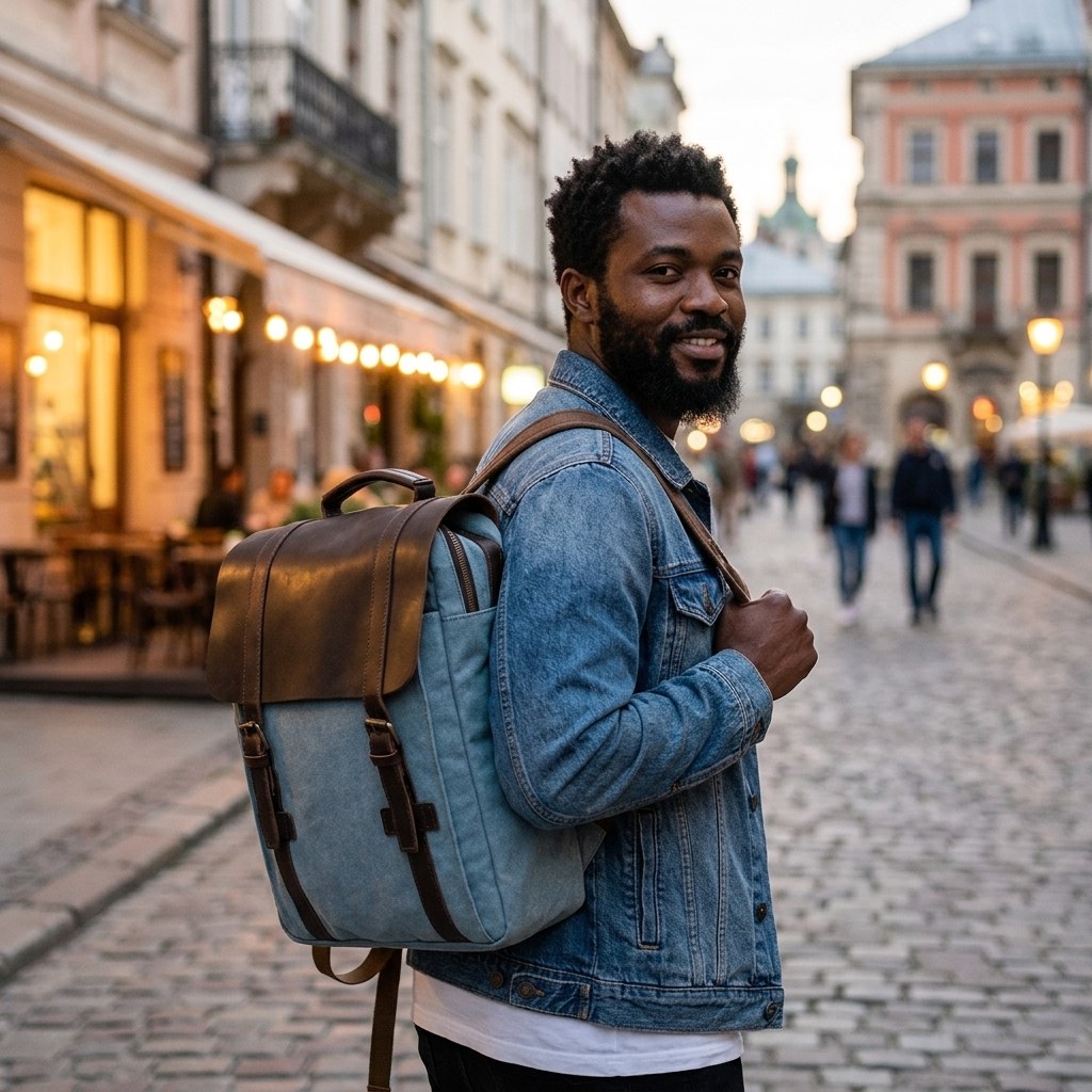 Man in a denim jacket carrying the light blue Nuuk canvas bookbag on one shoulder along a cobblestone old-town street at dusk — Eiken Nuuk