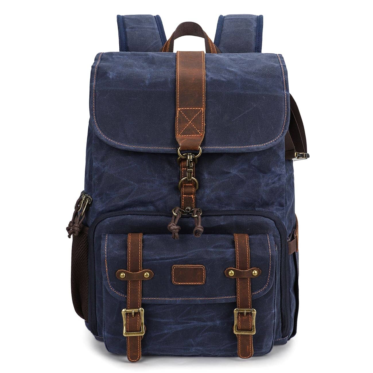 Canvas camera backpack, navy blue color, waxed canvas and full grain leather