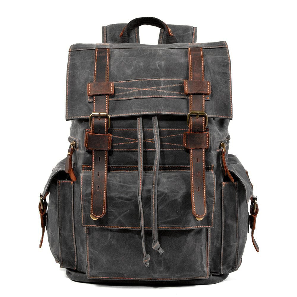 Canvas drawstring backpack in dark grey with leather strap closure and drawstring main compartment, vintage rucksack — Eiken Tallinn