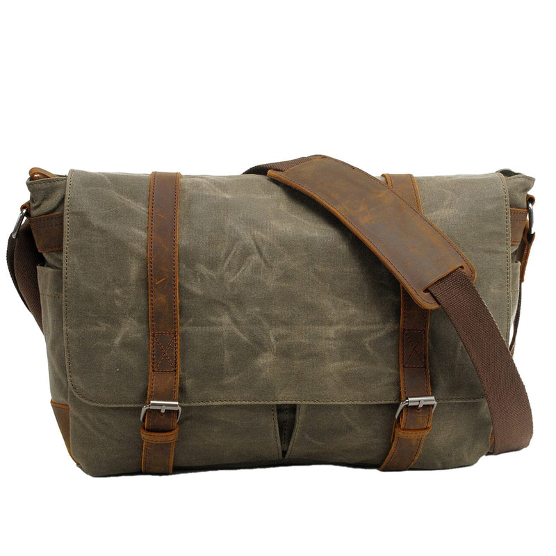 canvas laptop messenger bag, army green, waxed cotton canvas and vintage leather