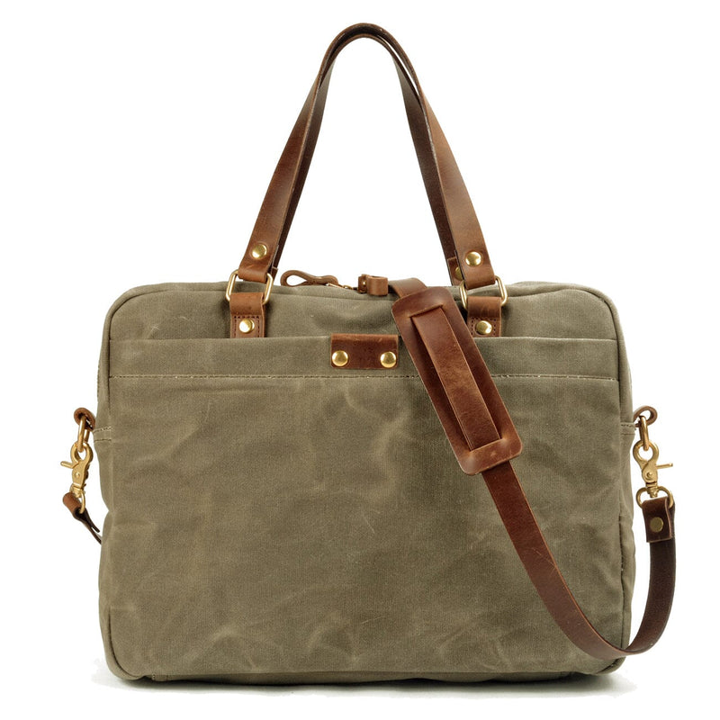 canvas laptop messenger bag, army green, waxed canvas and crazy horse leather