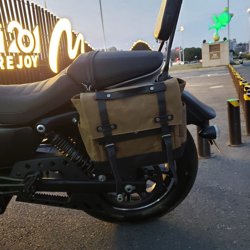 canvas motorcycle saddlebag on vintage motorcycle