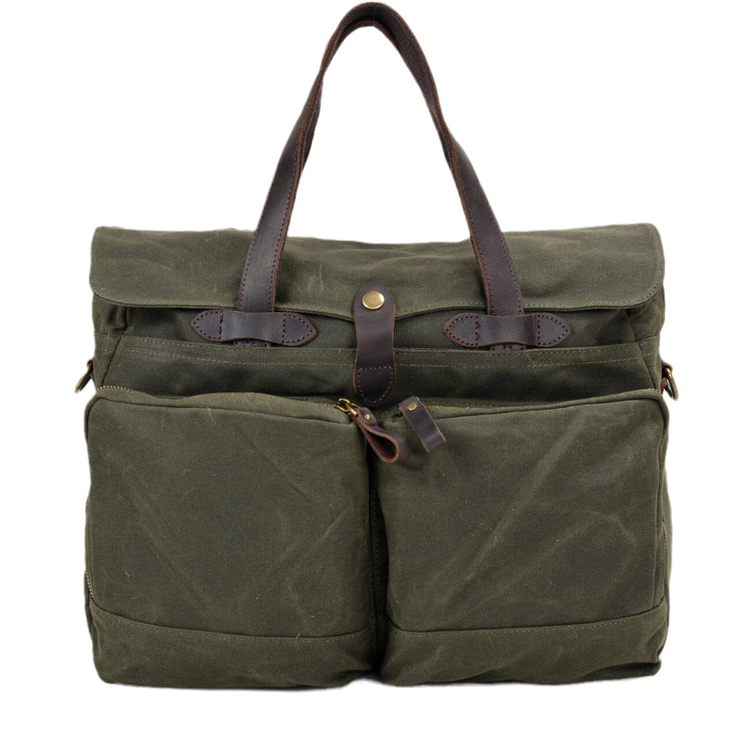 canvas shoulder tote bag, army green, waxed canvas and full grain leather details