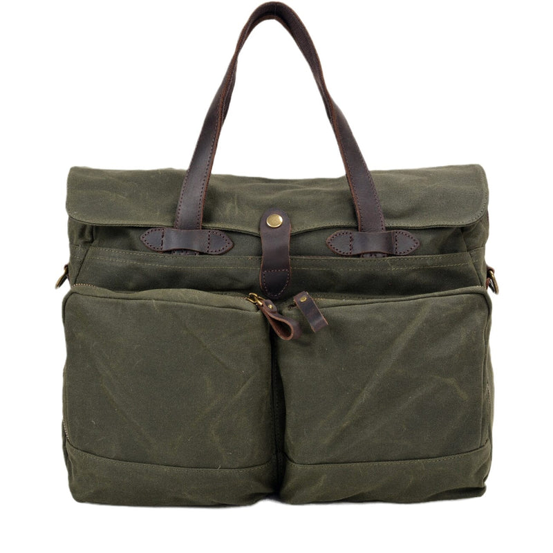 canvas shoulder tote bag, army green, waxed canvas and full grain leather details