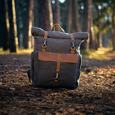 canvas rucksack in a forest