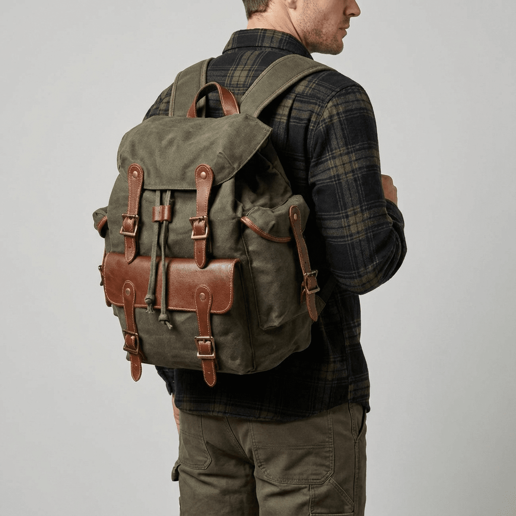 Man wearing the army green Chamonix old school rucksack on his shoulders, leather strap closures and brass buckles visible from a side angle