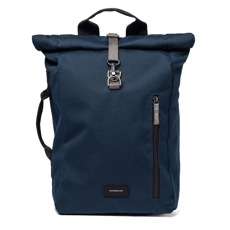 Sandqvist Dante vegan backpack in navy blue, front view on white background