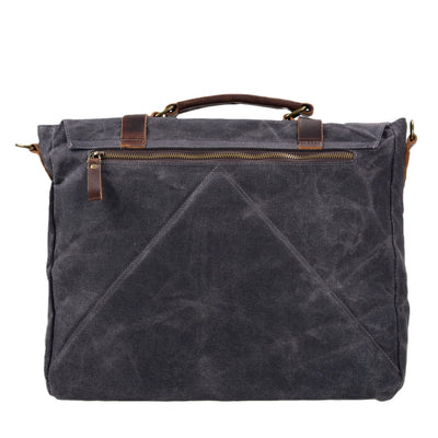 dark grey canvas and leather messenger bag back
