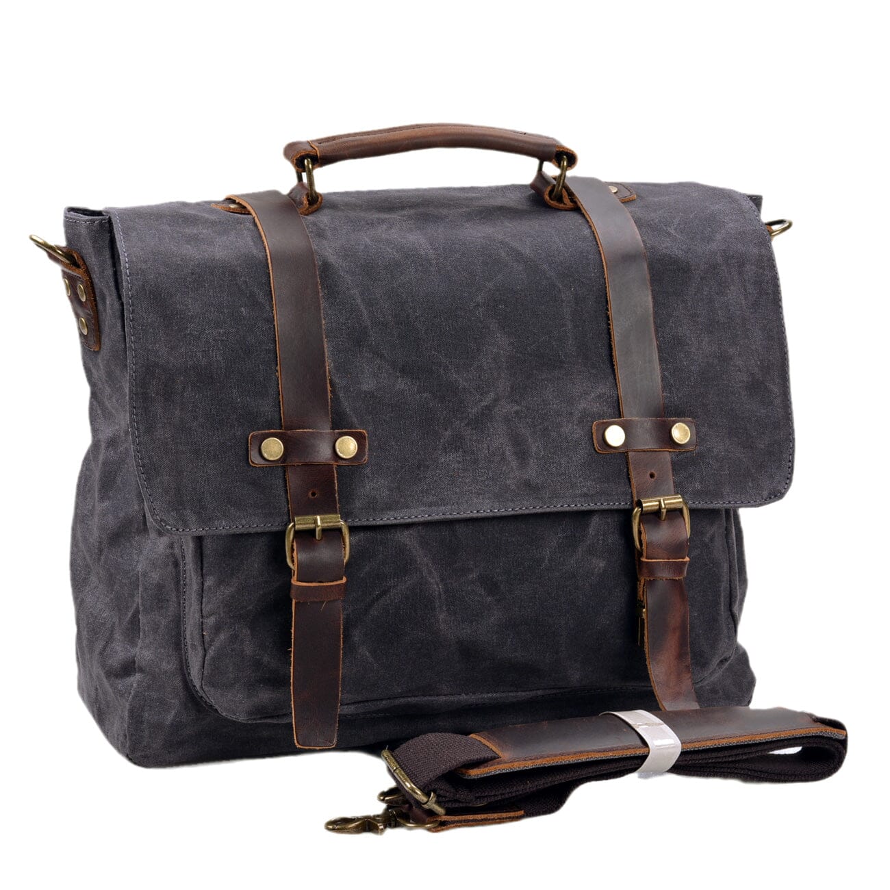 dark grey canvas and leather messenger bag side