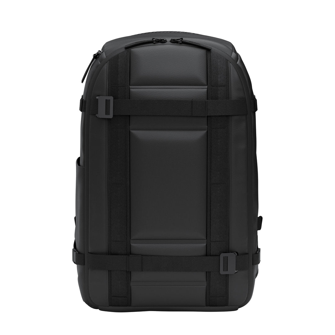 DB Journey Ramverk Pro Backpack 26L in Black, front view with the large top pocket and adjustable front straps