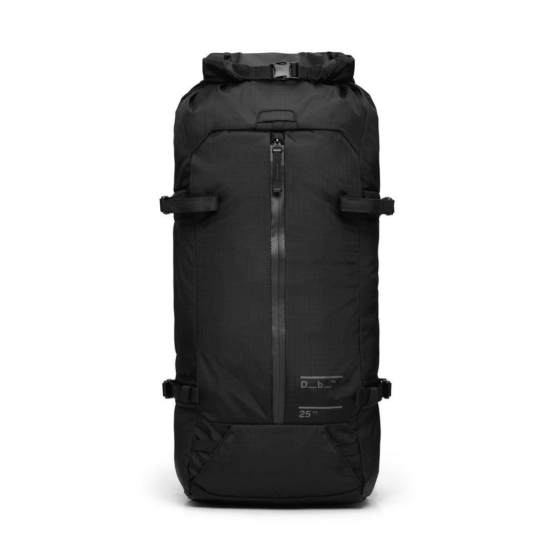 DB Journey Snow Pro Backpack 25L in Black, front view with the roll-top closure, vertical front zip and side carry straps