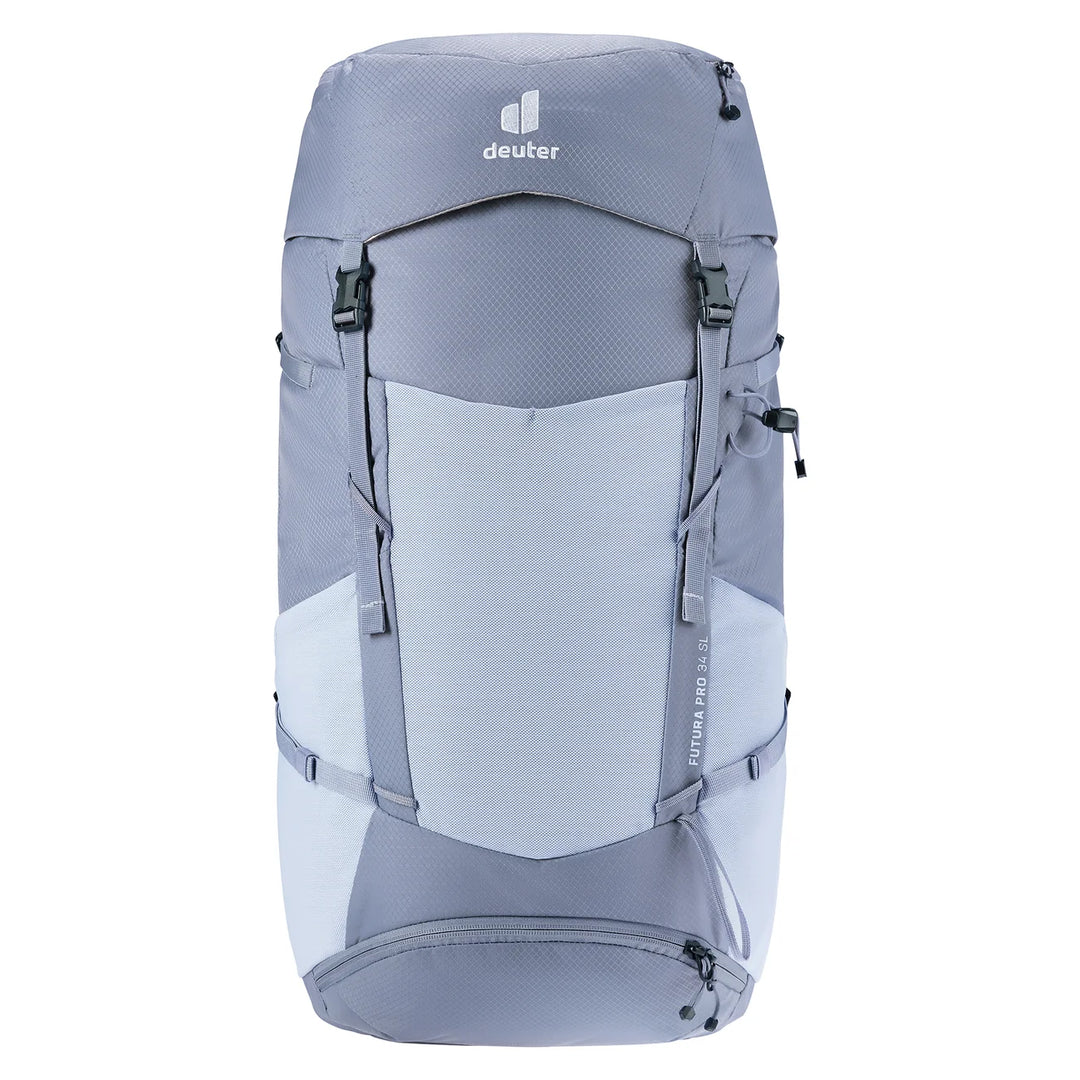 Deuter Futura Pro 34 SL Polar Bluejay — front view showing main compartment and lid