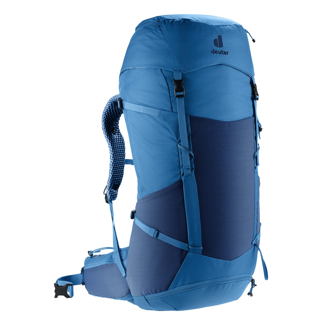 Deuter Futura Pro 36 Nightblue Baltic — three-quarter front view with full harness system