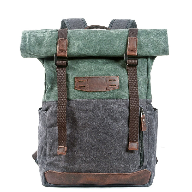 Canvas daypack, emerald green, waxed canvas with leather accents