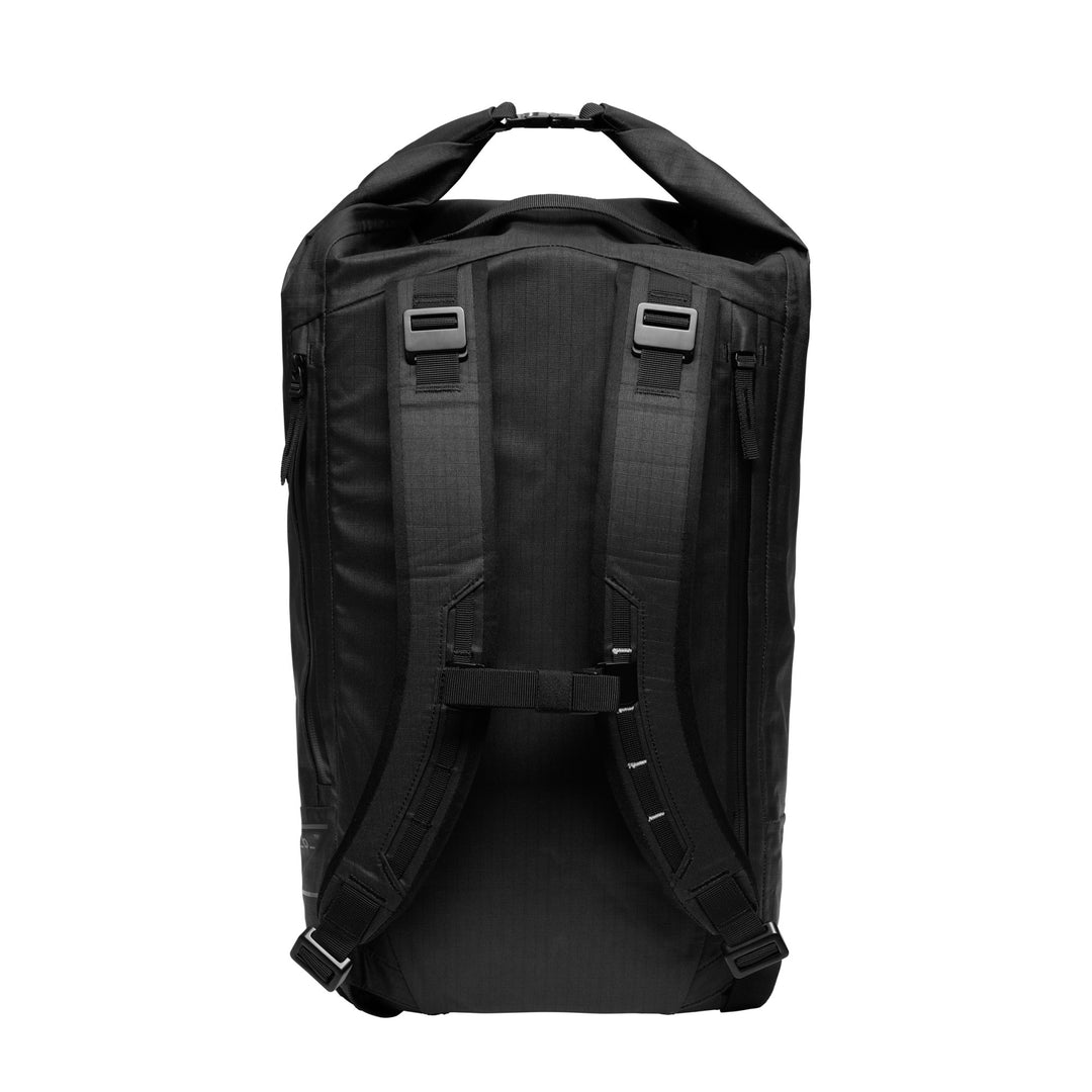 Essential Rolltop Backpack 32L in Black, back view of the padded back panel and adjustable shoulder straps