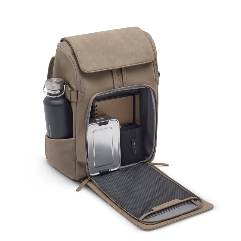 Compact everyday backpack neatly packed with bottles, lunchbox, and notebooks, ideal for work or day trips