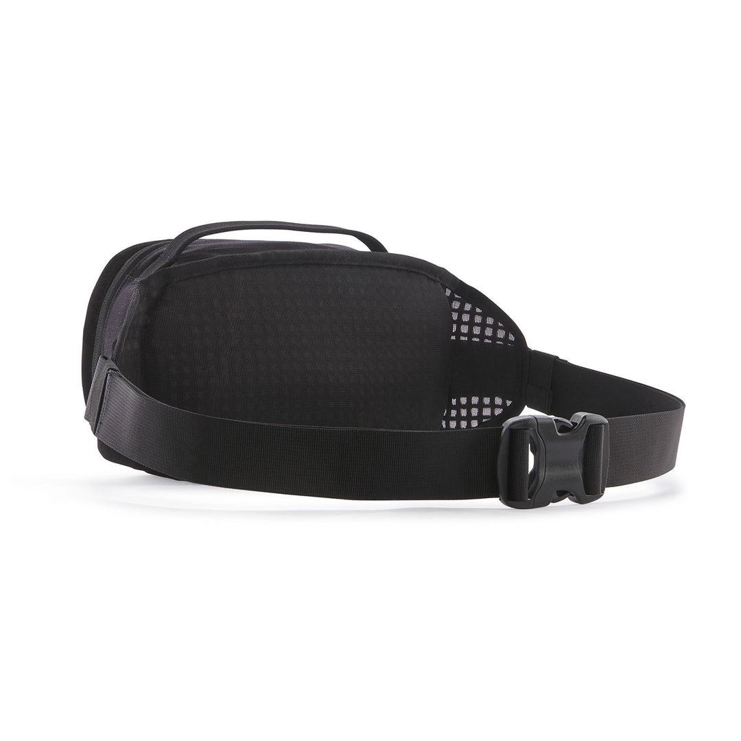 Rear view of the Fieldsmith Hip Pack in black, showing breathable mesh back and adjustable strap