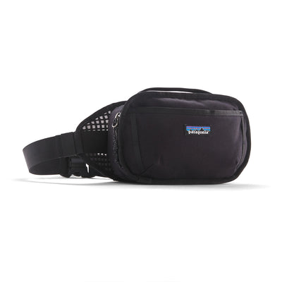 Front view of the black Fieldsmith Hip Pack by Patagonia, compact and eco-friendly for daily carry