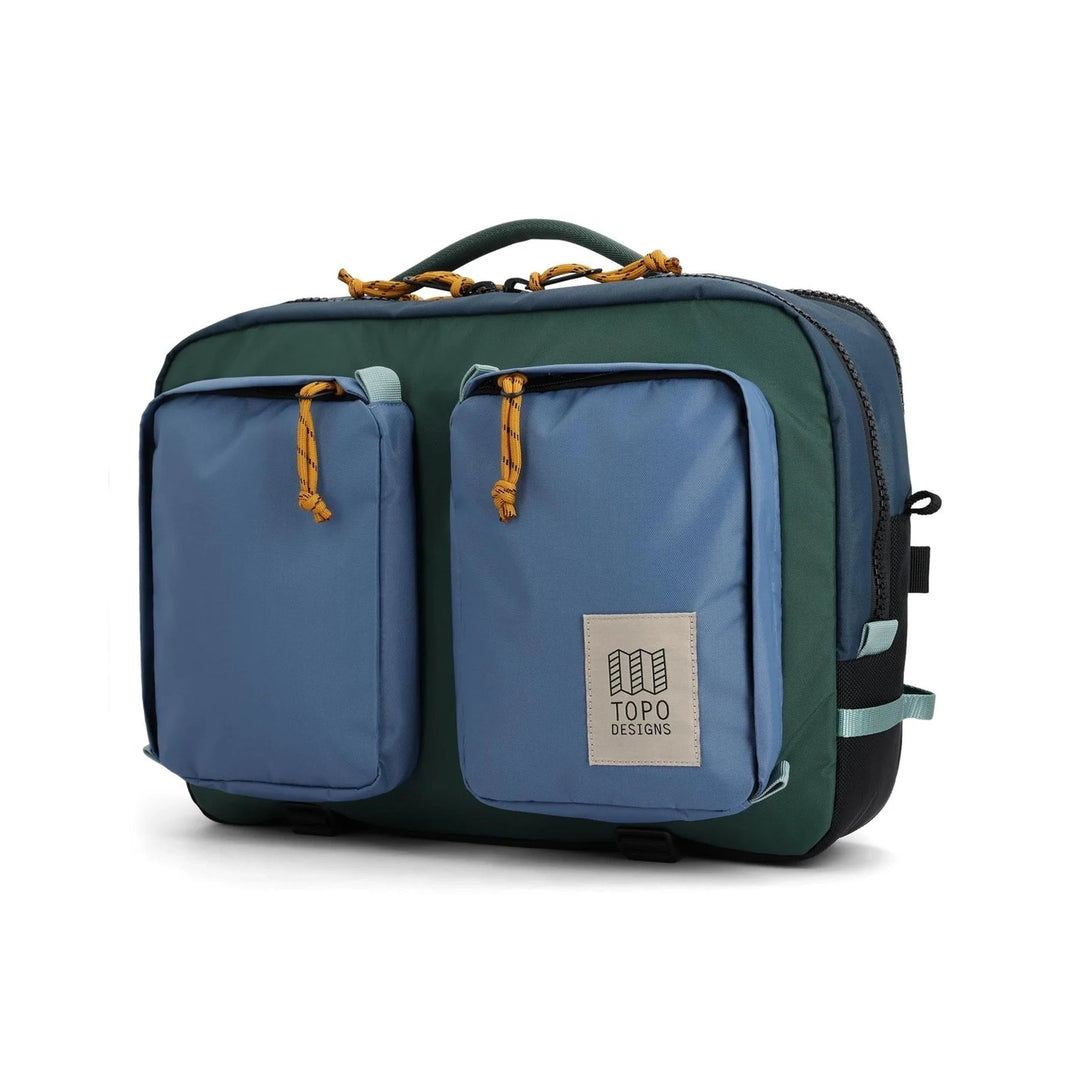 Side view of the Global Briefcase in stone blue and forest
