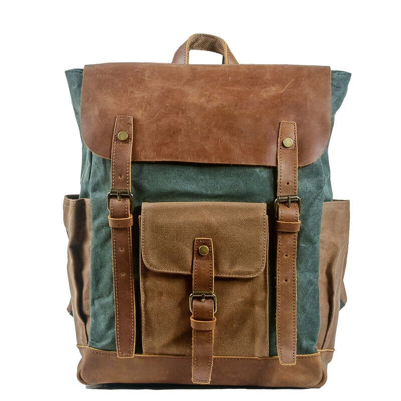 vintage canvas laptop backpack in emerald green, Göteborg model, waxed canvas and crazy horse leather, front view