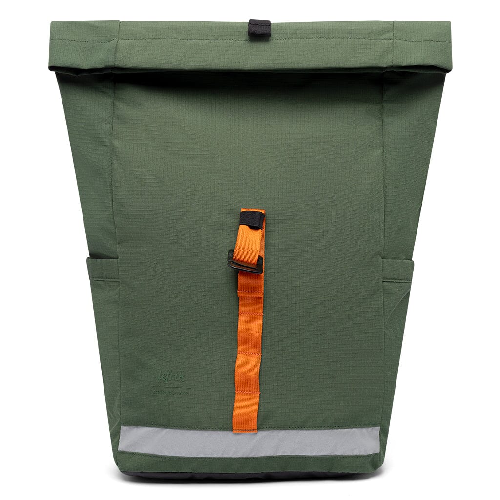 vue avant avec ouverture roll top déroulée du sac à dos durable couleur vert lars roll vandra lefrik