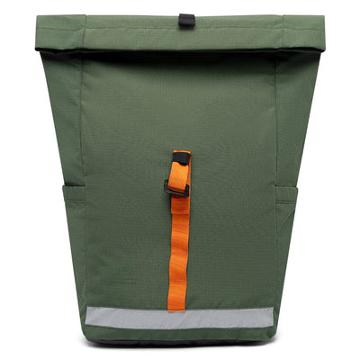 front view with unrolled roll top of the green environmentally friendly backpack from Lefrik brand