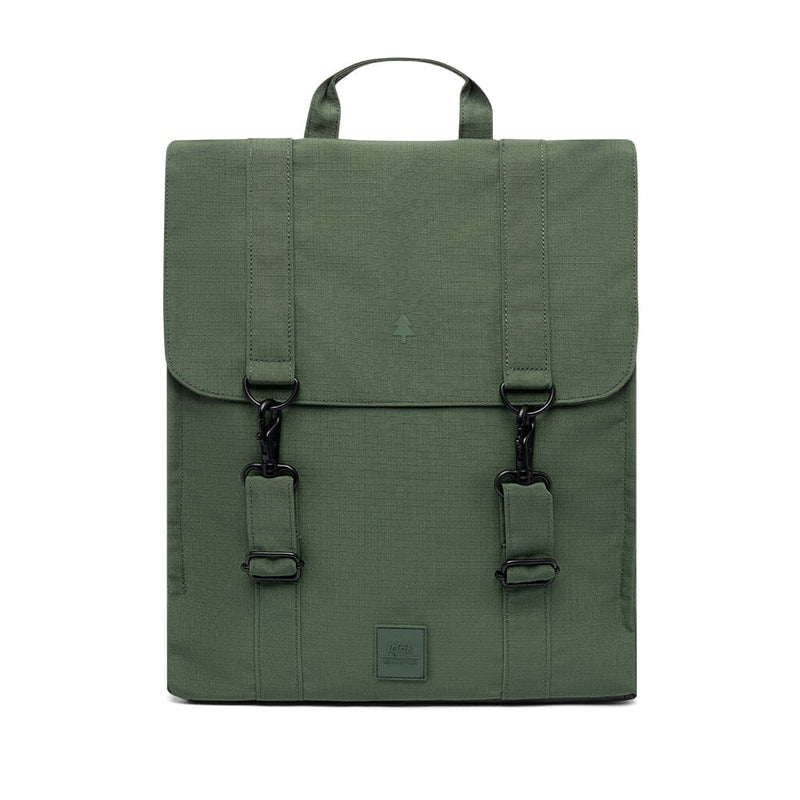 recycled laptop backpack, green color, front view