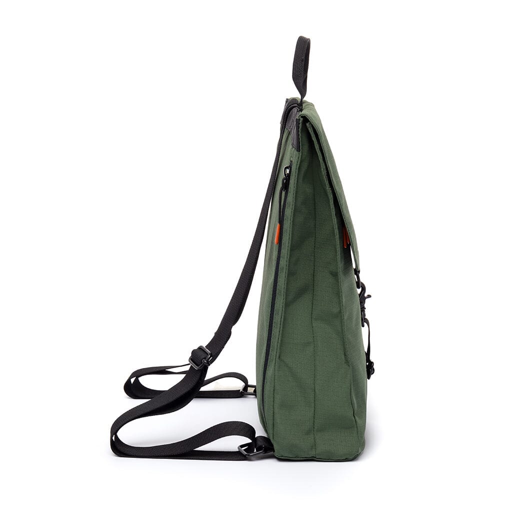 side view of the pine green sustainable backpack from Lefrik