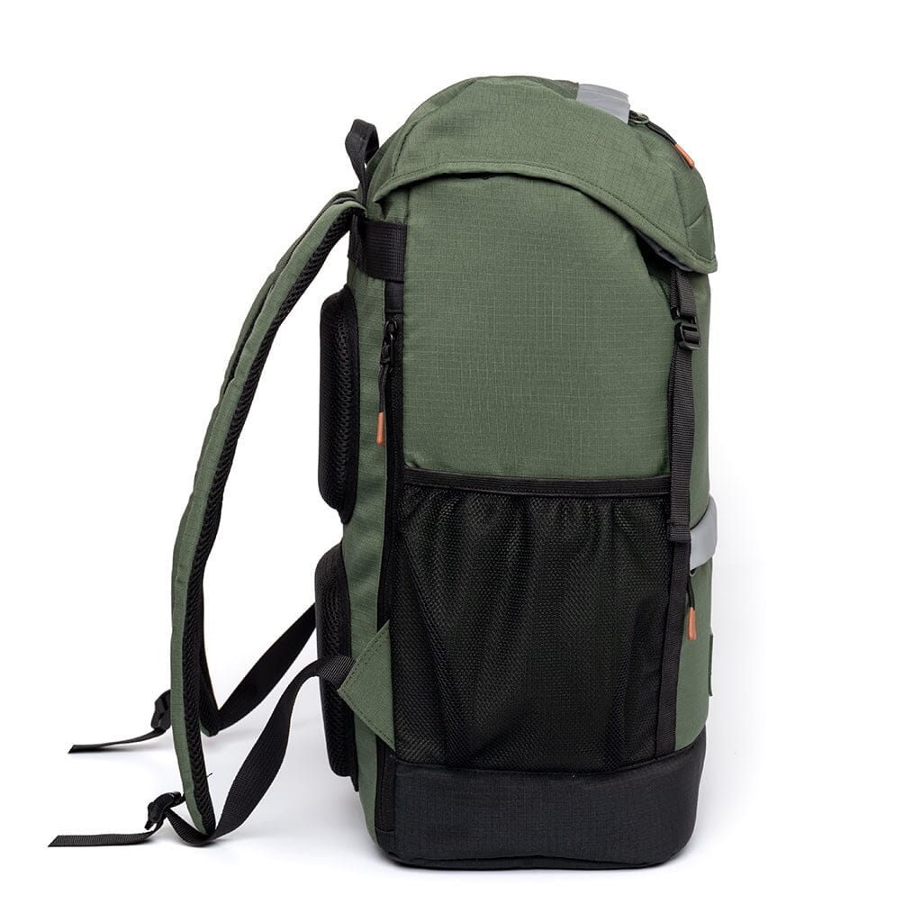 side view of the green sustainable travel backpack from Lefrik brand