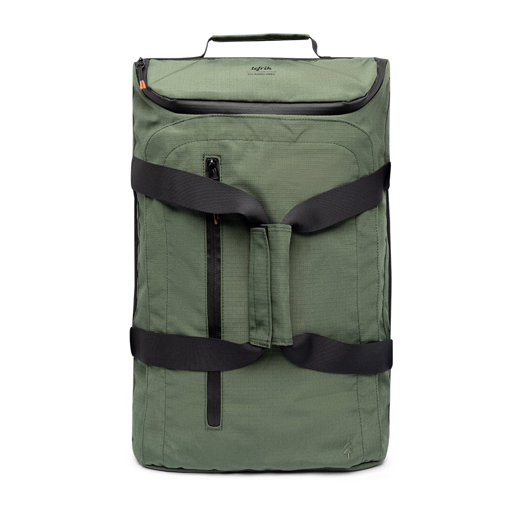 green sustainable travel convertible backpack front view