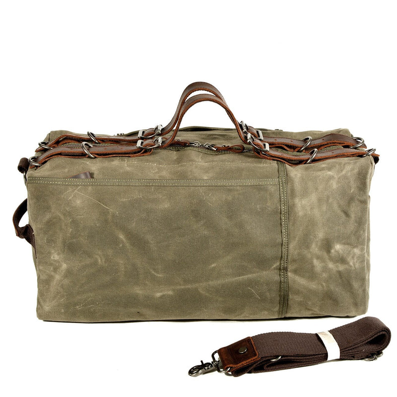 green waxed canvas sports duffle bag back