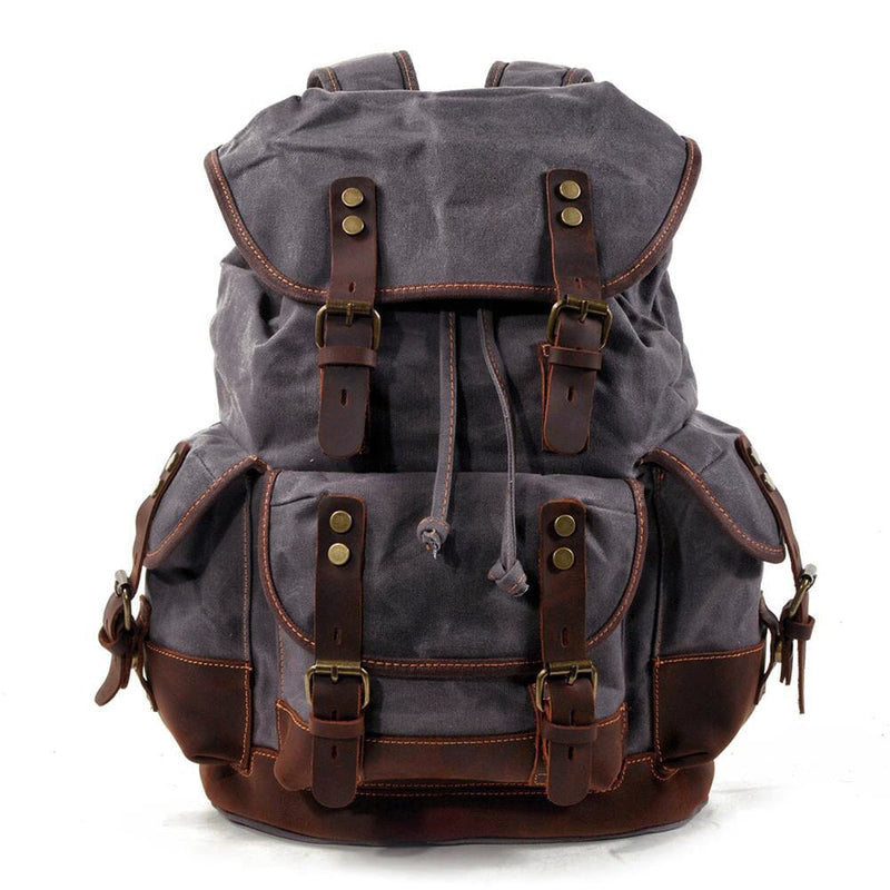 grey canvas hiking backpack