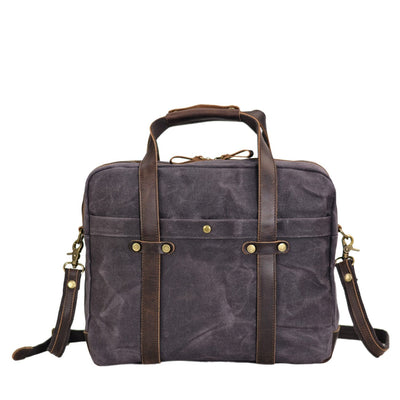 grey waxed canvas briefcase back