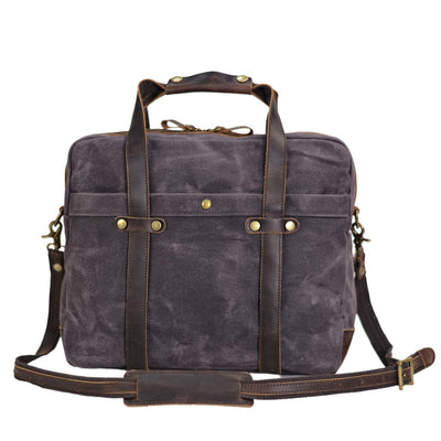 grey waxed canvas briefcase front