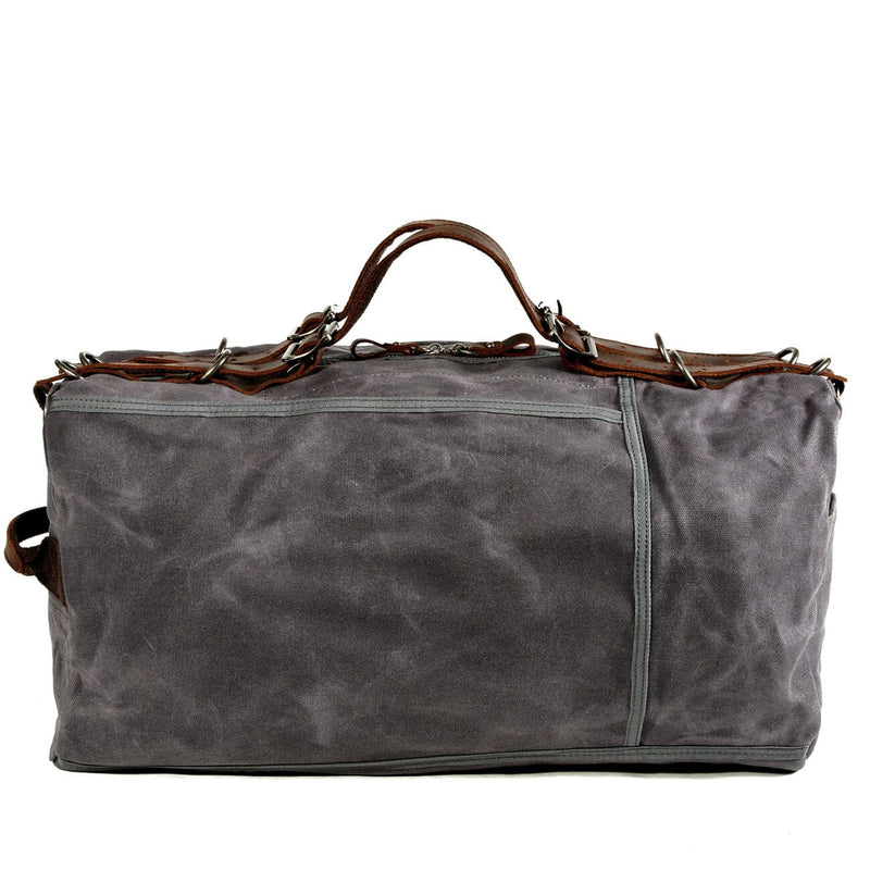 grey waxed canvas sports duffle bag back