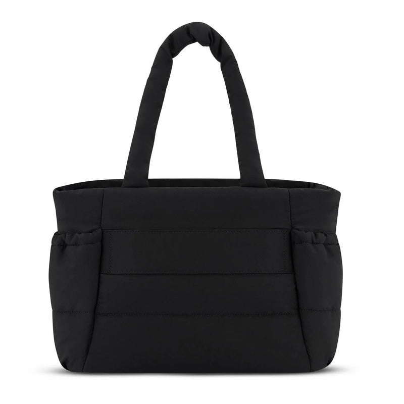 Rear view with the luggage strap that slides over a suitcase handle