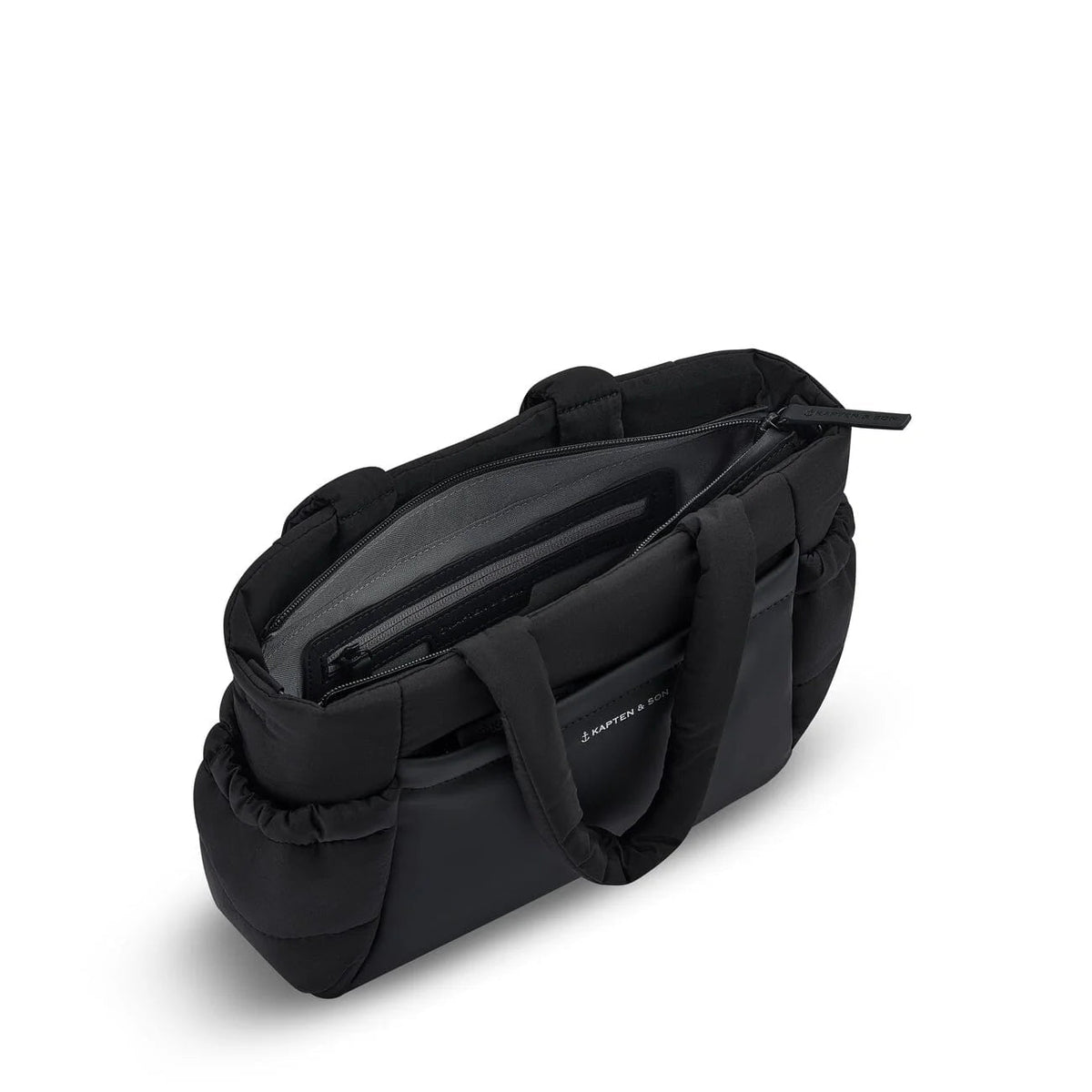 Open top view showing the grey-lined main compartment with inner zip pocket