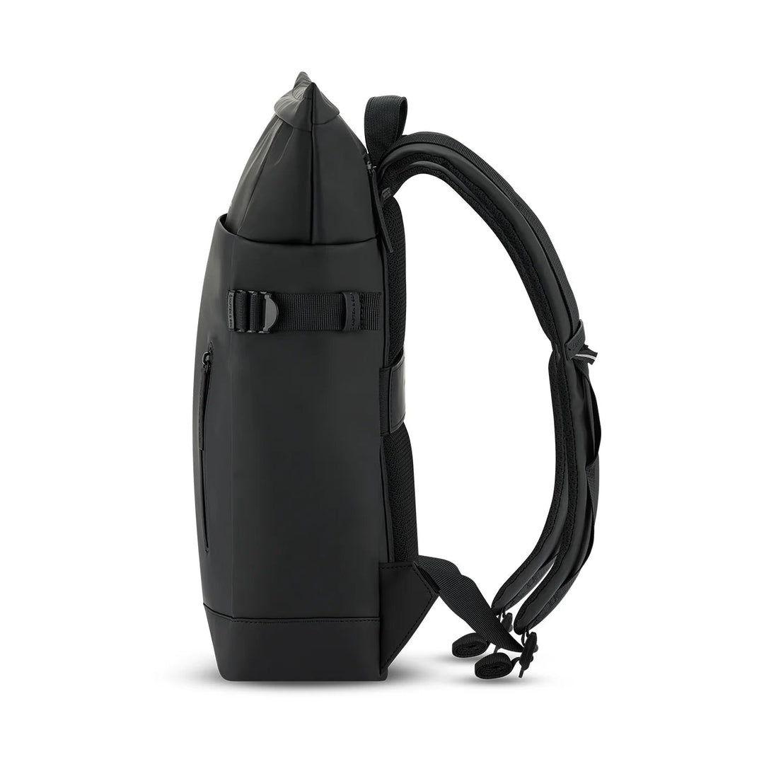 Side view of the black Helsinki daypack — slim profile with compression straps and reinforced base