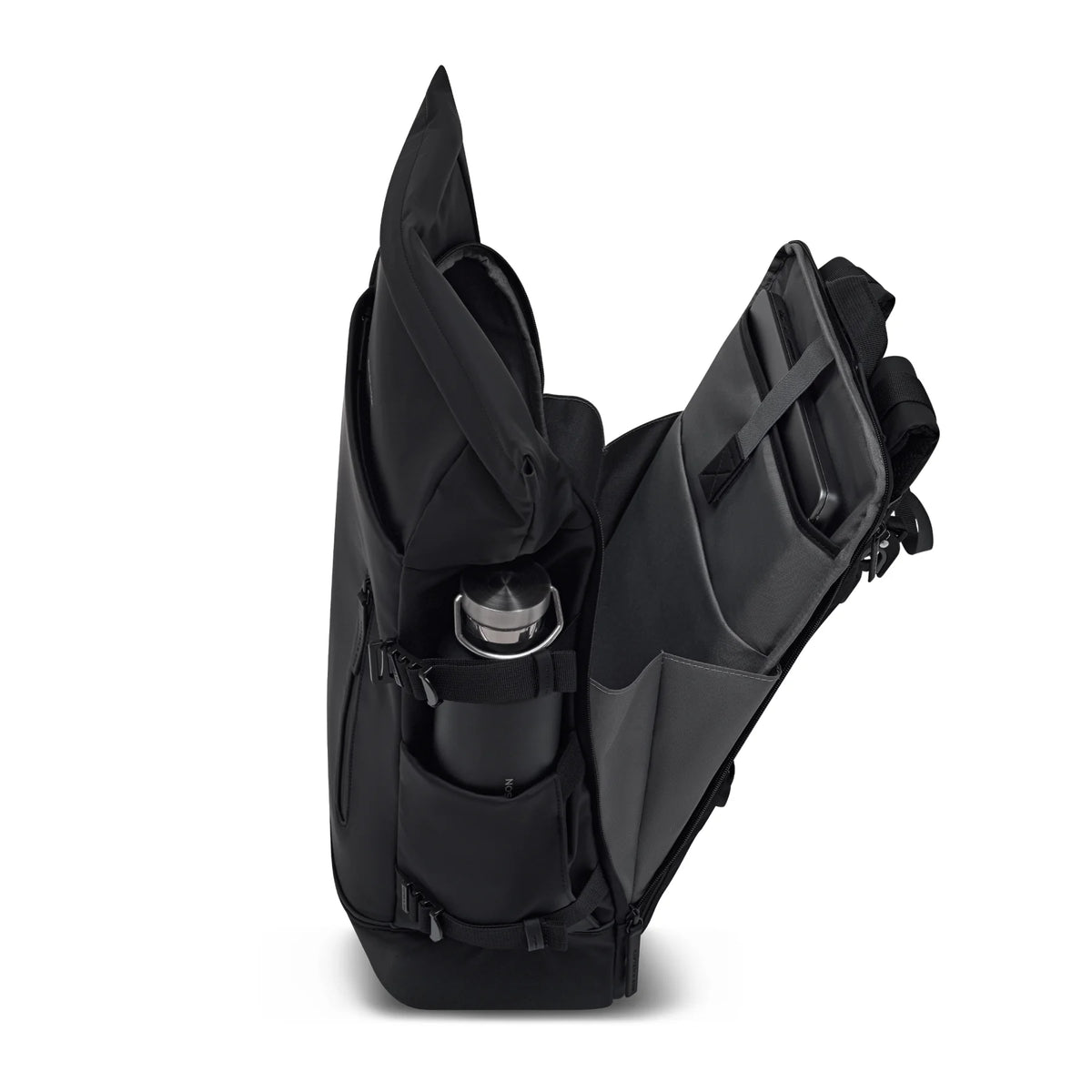 Side view in black with compartments open showing water bottle pocket and internal organiser