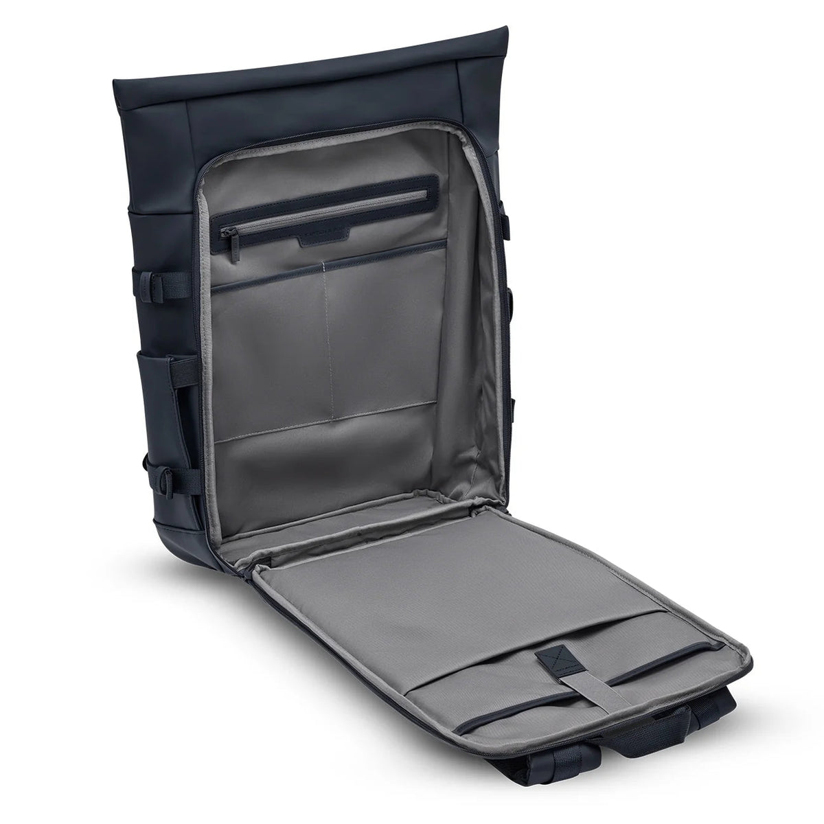 Navy Helsinki Pro with the back panel opened flat, showing the laptop and tablet sleeves