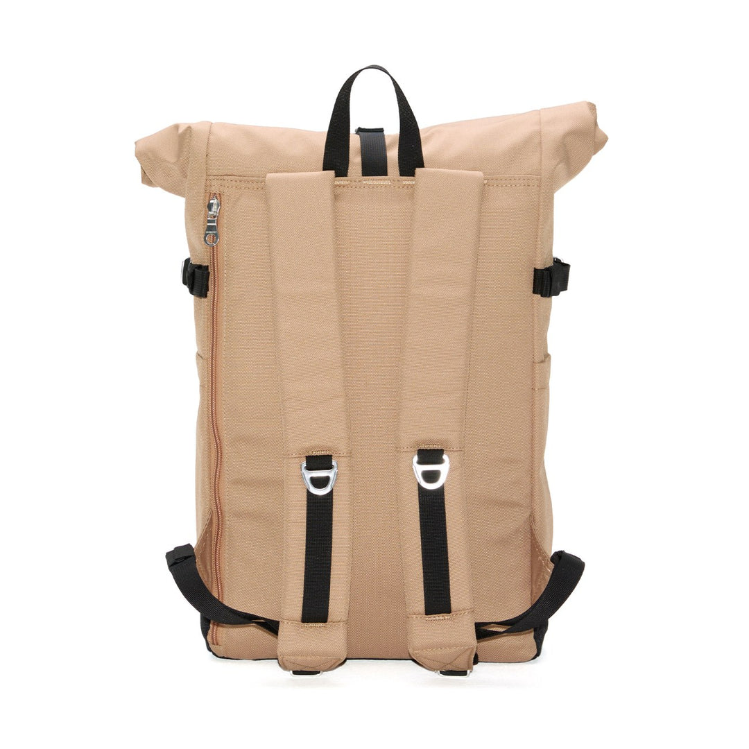 Back view of the beige Icon Rolltop 14" with ergonomic padded shoulder straps