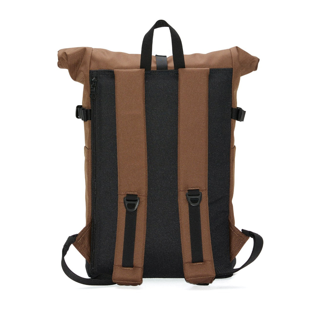 Back view of the brown Icon Rolltop 14" showing padded straps and laptop sleeve zip