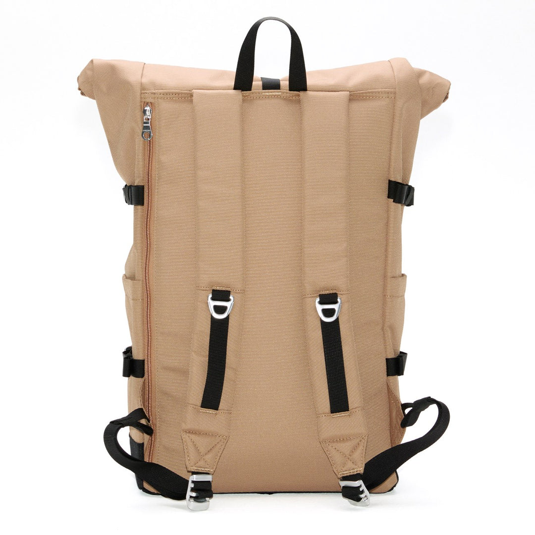 Rear view with padded ergonomic shoulder straps and top grab handle