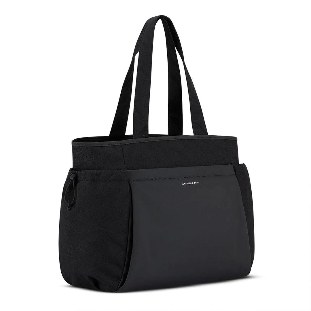 Side angle showing drawstring pocket and logo — black