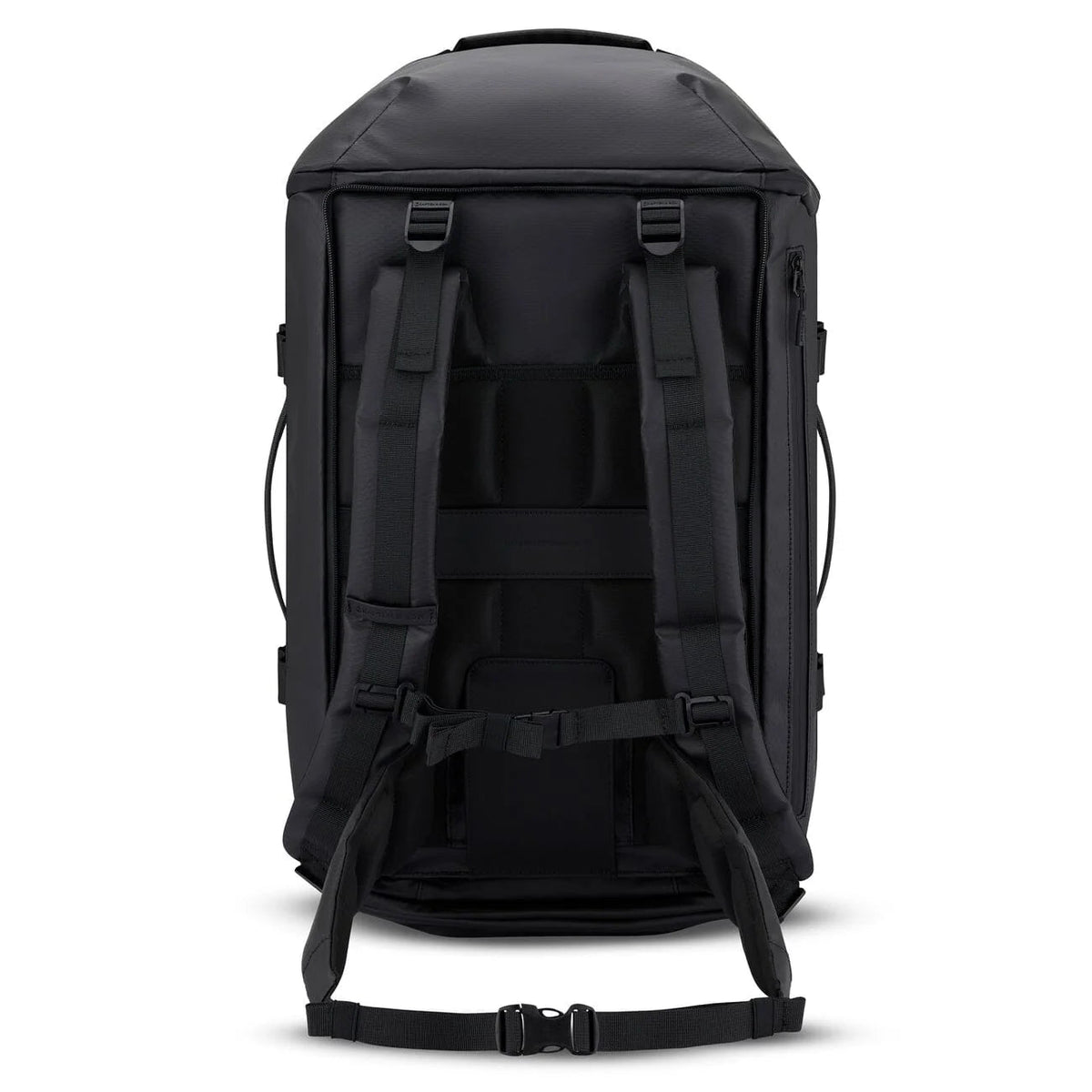 Padded back panel, shoulder straps and hip belt of the black Lisbon Duffle Backpack Large