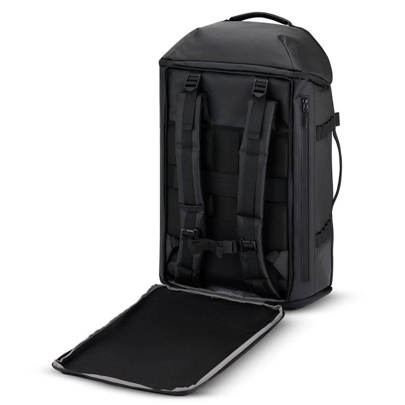 Shoulder straps stowed behind the back panel of the black Lisbon Duffle Backpack Large
