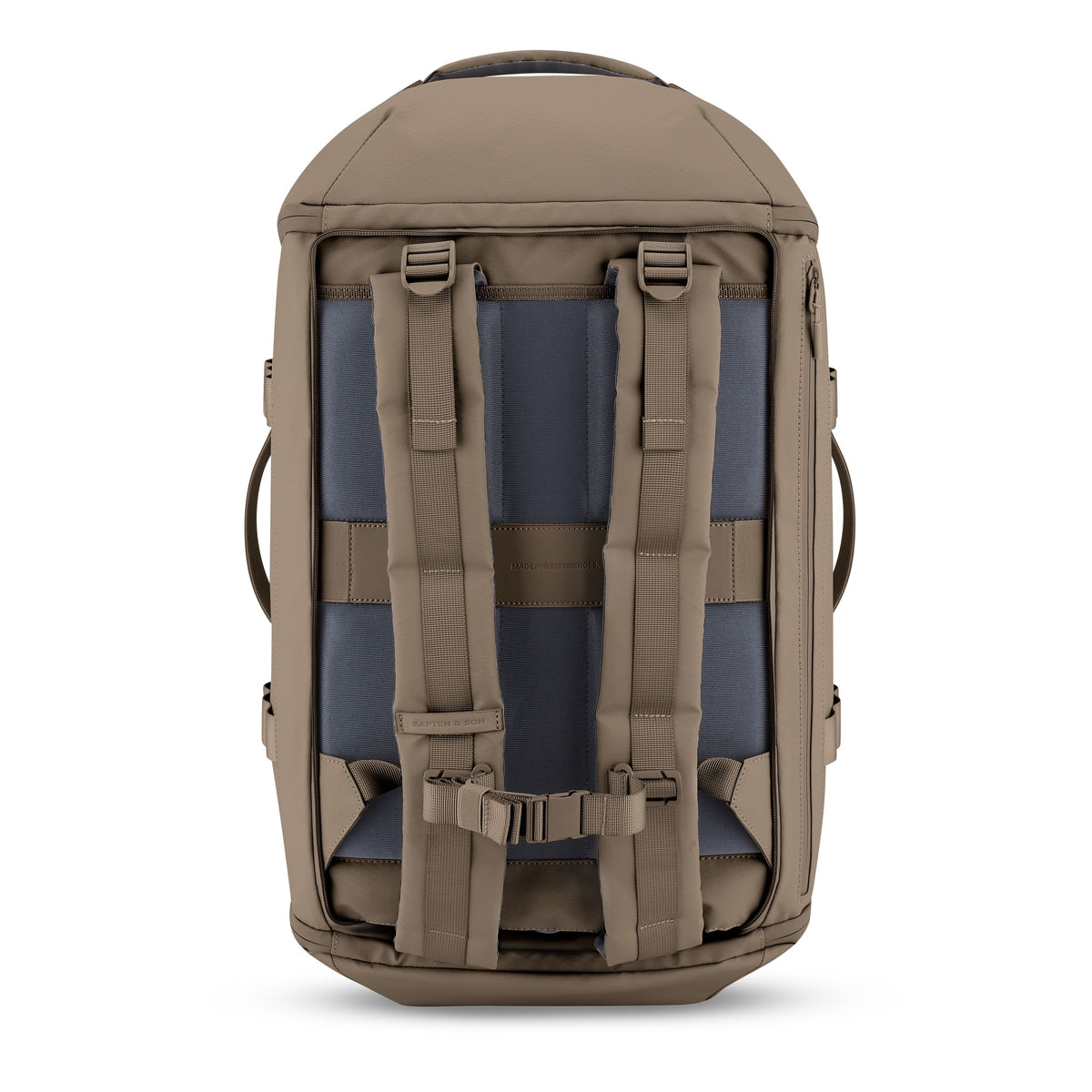Padded back panel and shoulder straps of the walnut Lisbon Duffle Backpack Medium