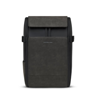 Kapten & Son Bali Medium Backpack in black — structured travel backpack with flap closure and vegan suede panel