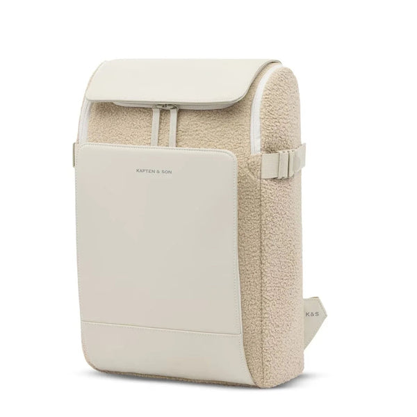 Kapten & Son Bali Medium in fleece sandstone — sherpa texture backpack with cream vegan panel