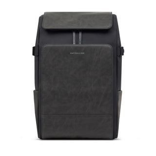 Kapten & Son Bali Pro backpack in black — front view with grey vintage leather-look flap and laptop pocket